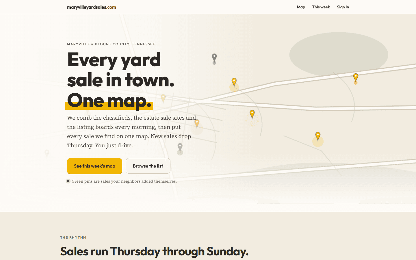 Screenshot of the maryvilleyardsales.com homepage, September 2026